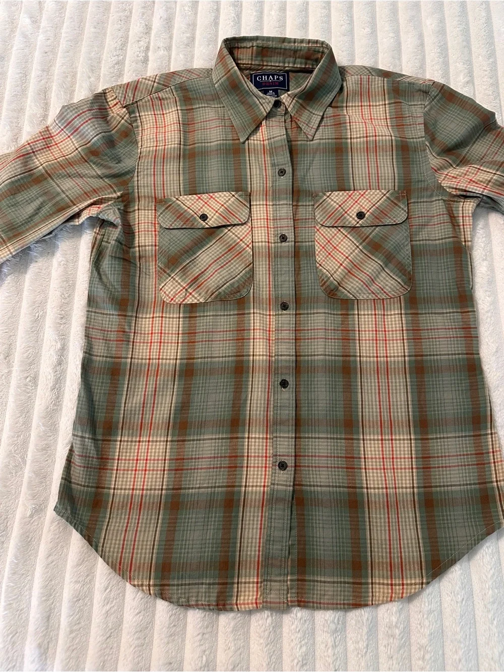 VINTAGE Ralph Lauren Chaps Men's Plaid Cotton Shirt in Olive and Tan